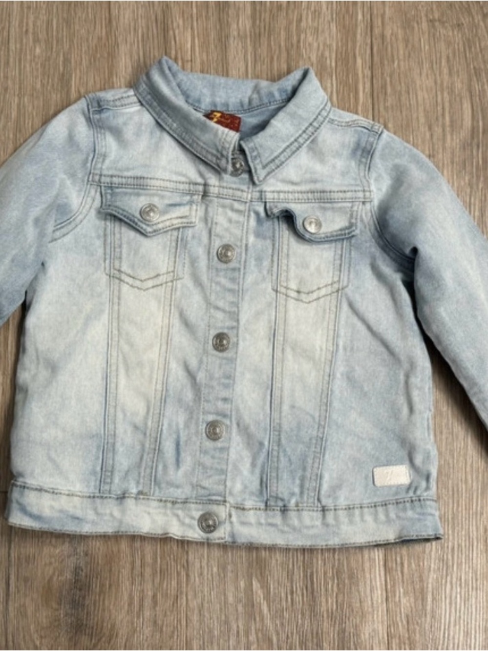 7 For All Mankind Light Wash Kids Denim Jacket Button Front Pocket Logo Stretch